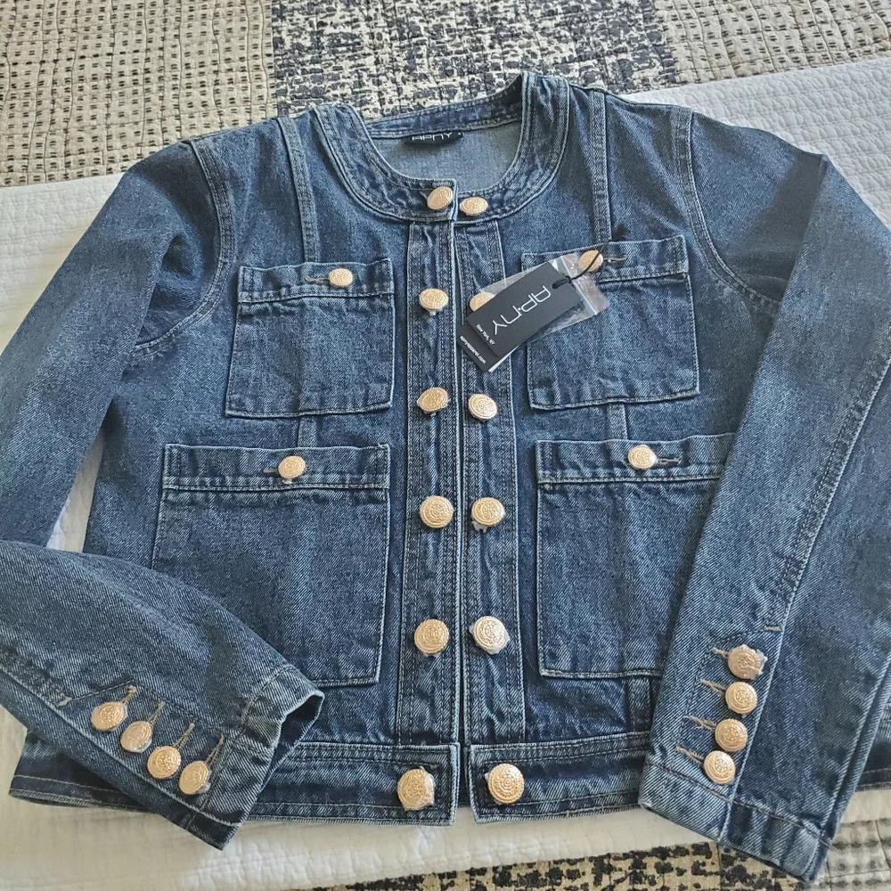 APNY Collarless Denim Jacket with Gold Buttons SZ Small - Picture 3 of 5